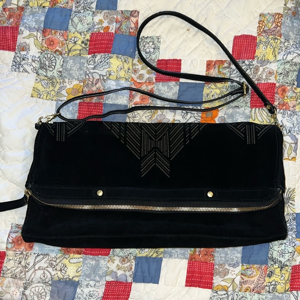 Cynthia Vincent black suede leather fold over shoulder bag